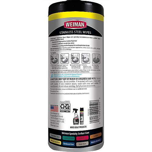 Weiman Stainless Steel Wipes Streak-free, Fingerprint Resistant, Dust Resistant, Dirt Resistant, Pre-moistened, Grease Resistant, pH Neutral - White - 30/Tub - 1 Each (92A)