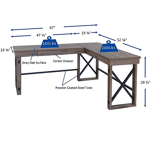 LYS L-Shaped Industrial Desk L-shaped Top - 200 lb Capacity - 52.13" Table Top Width x 19.75" Table Top Depth - 29.50" Height - Assembly Required - Aged Oak - Medium Density Fiberboard (MDF) - 1 Each (DK100LRGK)