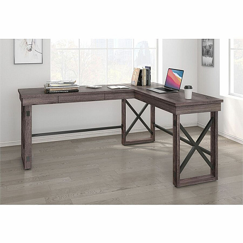 LYS L-Shaped Industrial Desk L-shaped Top - 200 lb Capacity - 52.13" Table Top Width x 19.75" Table Top Depth - 29.50" Height - Assembly Required - Aged Oak - Medium Density Fiberboard (MDF) - 1 Each (DK100LRGK)
