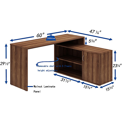 LYS L-Shape Workstation with Cabinet Laminated L-shaped Top - 200 lb Capacity - 29.50" Height x 60" Width x 47.25" Depth - Assembly Required - Walnut - Particleboard - 1 Each (DK103RRWT)
