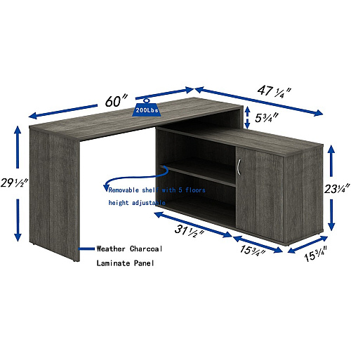 LYS L-Shape Workstation with Cabinet Laminated L-shaped Top - 200 lb Capacity - 29.50" Height x 60" Width x 47.25" Depth - Assembly Required - Weathered Charcoal - Particleboard - 1 Each (DK103RRWC)