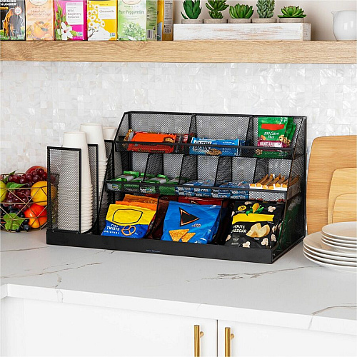 Mind Reader 14-Compartment Coffee/Condiment Organizer 14 Compartment(s) - 3 Tier(s) - 12.80" Height x 24" Width x 12" Depth - Counter, Desktop - Lightweight, Durable, Durable, Sturdy, Food Safe, Non-slip, Easy to Clean - Black - Metal Mesh, Iro (CMG2MESH)