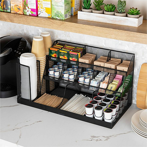 Mind Reader 14-Compartment Coffee/Condiment Organizer 14 Compartment(s) - 3 Tier(s) - 12.80" Height x 24" Width x 12" Depth - Counter, Desktop - Lightweight, Durable, Durable, Sturdy, Food Safe, Non-slip, Easy to Clean - Black - Metal Mesh, Iro (CMG2MESH)