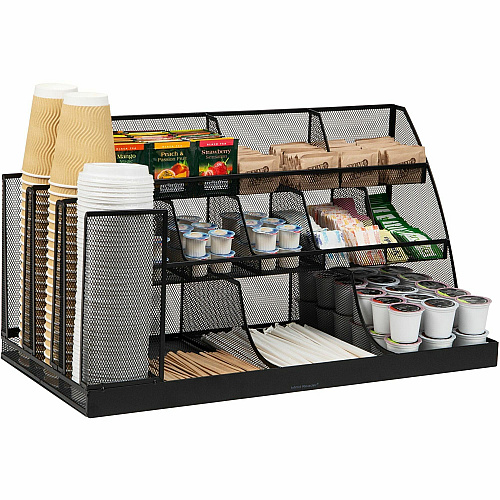 Mind Reader 14-Compartment Coffee/Condiment Organizer 14 Compartment(s) - 3 Tier(s) - 12.80" Height x 24" Width x 12" Depth - Counter, Desktop - Lightweight, Durable, Durable, Sturdy, Food Safe, Non-slip, Easy to Clean - Black - Metal Mesh, Iro (CMG2MESH)