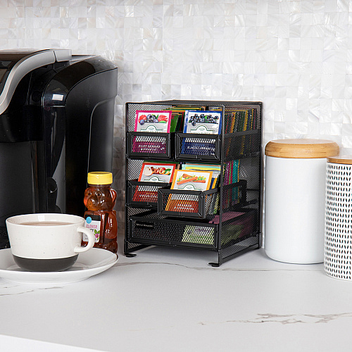 Mind Reader Network 5-Compartment Tea Bag Organizer 30 x Tea Bag - 5 Compartment(s) - 5 Drawer(s) - 10" Height x 6.75" Width x 7" Length - Counter, Desktop, Tabletop - Removable Drawer, Easy to Clean, Non-skid Base, Rubber Feet, Compact - Black - (MMTDR5)
