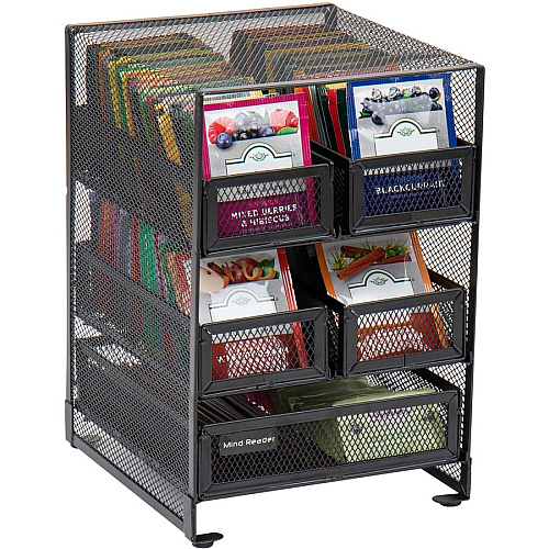Mind Reader Network 5-Compartment Tea Bag Organizer 30 x Tea Bag - 5 Compartment(s) - 5 Drawer(s) - 10" Height x 6.75" Width x 7" Length - Counter, Desktop, Tabletop - Removable Drawer, Easy to Clean, Non-skid Base, Rubber Feet, Compact - Black - (MMTDR5)