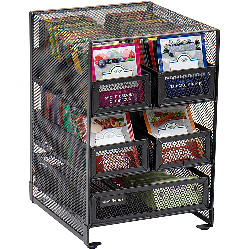 Mind Reader Network 5-Compartment Tea Bag Organizer 30 x Tea Bag - 5 Compartment(s) - 5 Drawer(s) - 10" Height x 6.75" Width x 7" Length - Counter, Desktop, Tabletop - Removable Drawer, Easy to Clean, Non-skid Base, Rubber Feet, Compact - Black - (MMTDR5)
