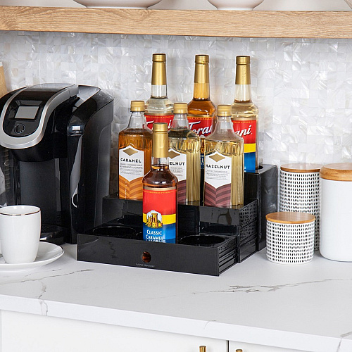 Mind Reader 9-Compartment Nested Syrup Bottle Holder 9 Compartment(s) - 3 Tier(s) - 7" Height x 5" Width x 12.50" Length - Easy to Clean, Sliding Tray - Black - 1 Each (SYRUPH9)