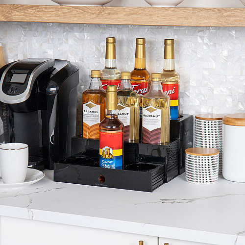 Mind Reader 9-Compartment Nested Syrup Bottle Holder 9 Compartment(s) - 3 Tier(s) - 7" Height x 5" Width x 12.50" Length - Easy to Clean, Sliding Tray - Black - 1 Each (SYRUPH9)