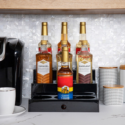 Mind Reader 9-Compartment Nested Syrup Bottle Holder 9 Compartment(s) - 3 Tier(s) - 7" Height x 5" Width x 12.50" Length - Easy to Clean, Sliding Tray - Black - 1 Each (SYRUPH9)