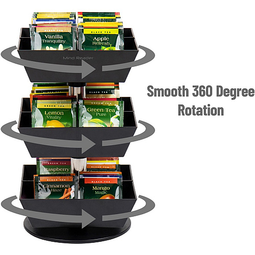 Mind Reader Anchor 12-Compartment Tea Carousel 12 Compartment(s) - 3 Tier(s) - 11.50" Height x 6.75" Width x 6.75" Depth - Counter - Durable, Easy to Clean - Black - Plastic - 1 Each (TEASWIV3T)