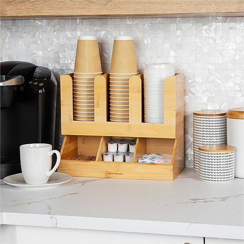Mind Reader 6-Compartment Cup/Lid Bamboo Organizer 6 Compartment(s) - 2 Tier(s) - 13.46" Height x 11.65" Width x 6.57" Length - Counter, Desktop, Tabletop - Compact, Durable, Food Safe, Moisture Resistant, Lightweight, Non-slip, Easy to Clean - Br (UPBMB)