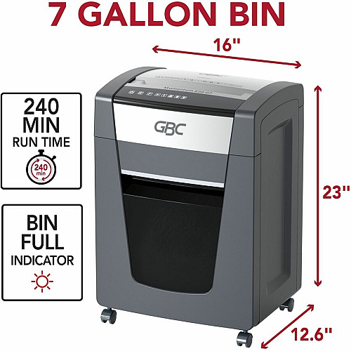 GBC Momentum Paper Shredder, X20-07, Micro-Cut, P-4, Anti-Jam, 20 Sheets Continuous Shredder - Micro Cut - 20 Per Pass - for shredding Paper Clip, Paper, Junk Mail, Staples - P-4 - 9" Throat - 4 Hour Run Time - 7 gal Wastebin Capacity - Black (WSM177001)