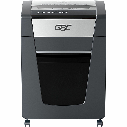 GBC Momentum Paper Shredder, X20-07, Micro-Cut, P-4, Anti-Jam, 20 Sheets Continuous Shredder - Micro Cut - 20 Per Pass - for shredding Paper Clip, Paper, Junk Mail, Staples - P-4 - 9" Throat - 4 Hour Run Time - 7 gal Wastebin Capacity - Black (WSM177001)
