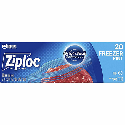 Ziploc&reg; Grip n' Seal Freezer Bags 7" Length x 5" Width - Blue - Plastic - Food, Meat, Poultry, Fish - 20 / Box (314443)
