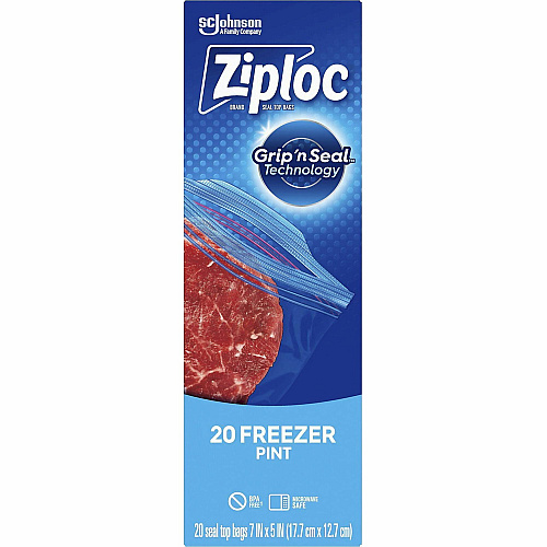 Ziploc&reg; Grip n' Seal Freezer Bags 7" Length x 5" Width - Blue - Plastic - Food, Meat, Poultry, Fish - 20 / Box (314443)