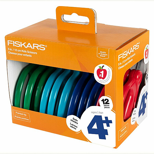 Fiskars 5" Pointed-tip Kids Scissors Safety Edge Blade - Pointed Tip - Assorted - 12 / Pack (1067002)
