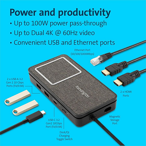 Kensington USB-C Dual 4K Portable Mobile Dock for Smartphone, Tablet, Notebook, Monitor - USB Type C - 2 Displays Supported - 4K - 3840 x 2160 - USB Type-C - Network (RJ-45) - HDMI - Black - Wired - Ethernet - 85W - Portable (32800)
