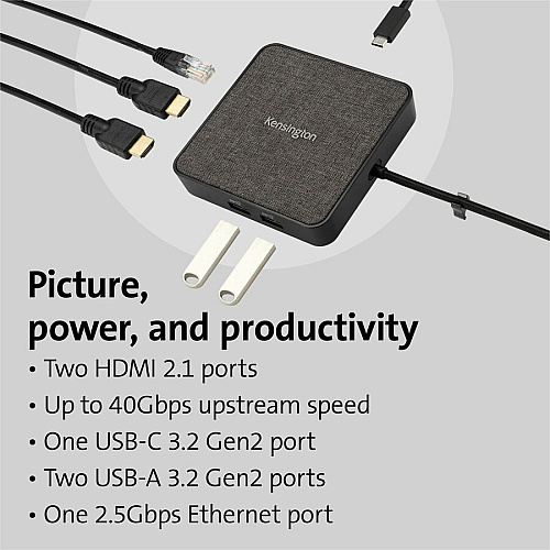 Kensington MD120U4 USB4 Portable Docking Station for Monitor, Notebook - USB4 - 2 Displays Supported - 4K, 8K - 3840 x 2160, 7680 x 4320 - 3 x USB Ports - 2 x USB Type-A Ports - USB Type-A - 1 x USB Type-C Ports - USB Type-C - Network (RJ-45) - 2  (32850)