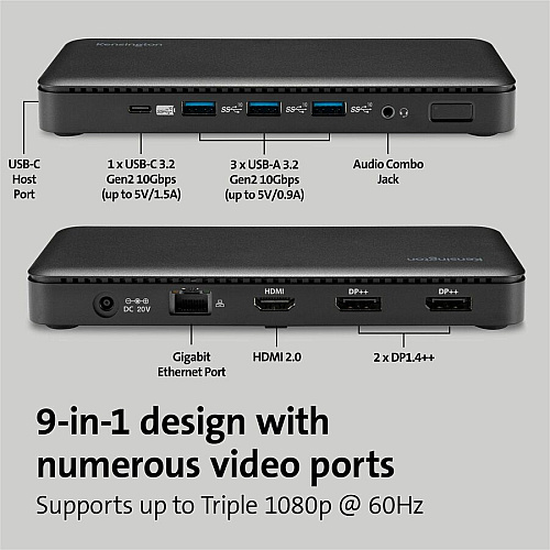 Kensington USB-C Triple Video Docking Station for Notebook, Monitor - USB Type C - 3 Displays Supported - 4K, Full HD - 3840 x 2160, 1920 x 1080 - USB Type-C - Black - Wired - Windows 10 - 85W (33480)