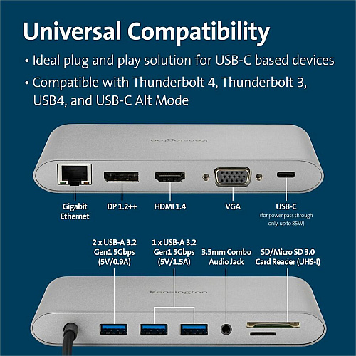 Kensington UH1440P USB-C Dual Video Mobile Dock for Notebook, Tablet, Smartphone, Monitor - Memory Card Reader - SD, microSD - USB Type C - 2 Displays Supported - Full HD - 1920 x 1080 - 3 x USB Ports - USB Type-A - USB Type-C - 1 x RJ-45 Ports -  (33853)