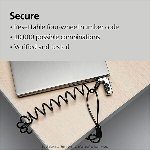 Kensington Slim Portable Combination Lock 5.91 ft Cable - Resettable - 4-digit - Combination Lock - Black - Carbon Steel, Plastic - For Notebook - Self-coiling (60625)