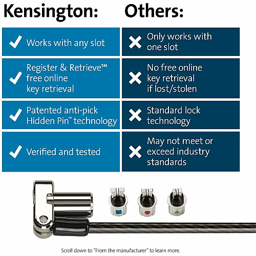 Kensington Universal 3-in-1 Keyed Laptop Lock Keyed Lock - Black - Carbon Steel, Plastic - 6 ft - For Notebook (62318)