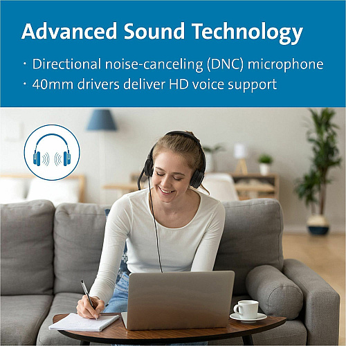 Kensington H1000 USB-C On-Ear Headset Stereo - USB Type C - Wired - On-ear - Binaural - Circumaural - 6 ft Cable - Directional, Noise Cancelling Microphone - Black (83450)