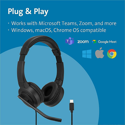Kensington H1000 USB-C On-Ear Headset Stereo - USB Type C - Wired - On-ear - Binaural - Circumaural - 6 ft Cable - Directional, Noise Cancelling Microphone - Black (83450)