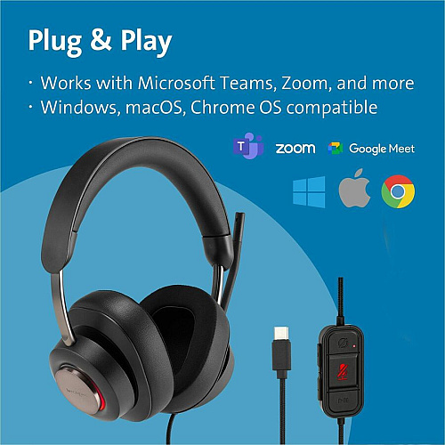 Kensington H2000 USB-C Over-Ear Headset Stereo - USB Type C - Wired - Over-the-ear - Binaural - Circumaural - 6 ft Cable - Noise Cancelling Microphone - Noise Canceling - Black (83451)