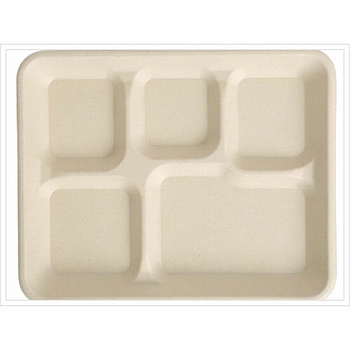 BluTable 8"x10" 5-Compartment Lunch Trays Food - Natural - Molded Fiber, Sugarcane Fiber Body - 500 / Carton (MF5C)