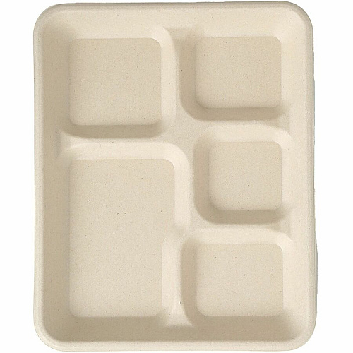 BluTable 8"x10" 5-Compartment Lunch Trays Food - Natural - Molded Fiber, Sugarcane Fiber Body - 500 / Carton (MF5C)