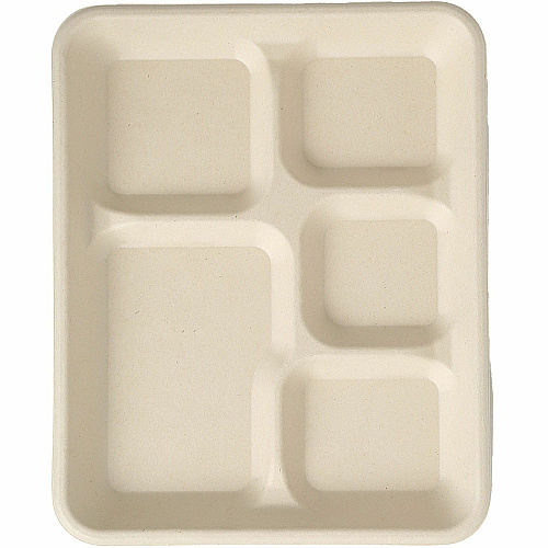 BluTable 8"x10" 5-Compartment Lunch Trays Food - Natural - Molded Fiber, Sugarcane Fiber Body - 500 / Carton (MF5C)