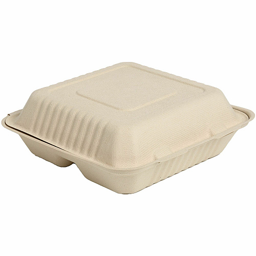 BluTable 39 oz 3-Compartment Portable Clamshell Containers Food - Natural - Molded Fiber, Sugarcane Fiber Body - 200 / Carton (MFHC93C)
