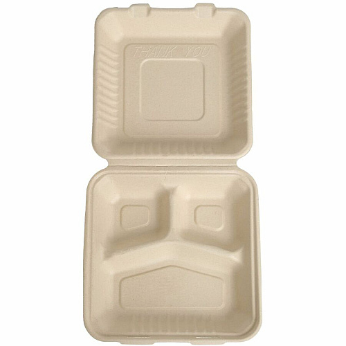 BluTable 39 oz 3-Compartment Portable Clamshell Containers Food - Natural - Molded Fiber, Sugarcane Fiber Body - 200 / Carton (MFHC93C)