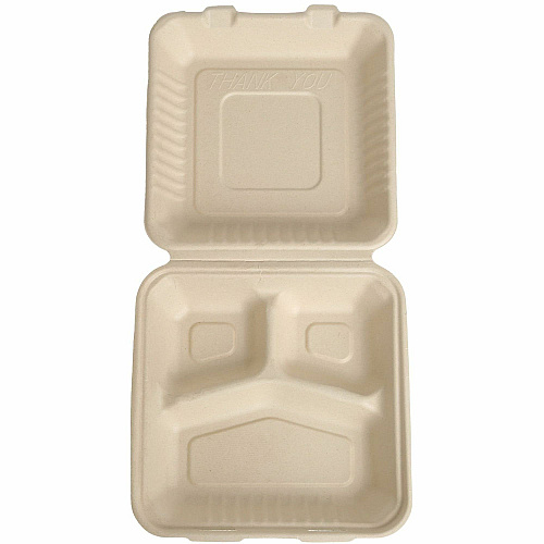BluTable 39 oz 3-Compartment Portable Clamshell Containers Food - Natural - Molded Fiber, Sugarcane Fiber Body - 200 / Carton (MFHC93C)