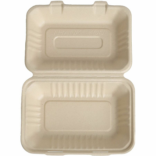 BluTable 27 oz Portable Clamshell Containers Food - Natural - Molded Fiber, Sugarcane Fiber Body - 250 / Carton (MFHC961C)