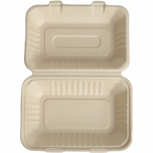 BluTable 27 oz Portable Clamshell Containers Food - Natural - Molded Fiber, Sugarcane Fiber Body - 250 / Carton (MFHC961C)