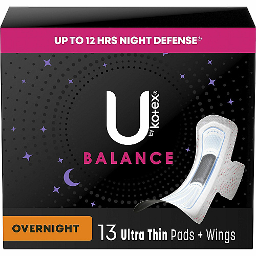 U by Kotex Ultra Thin Overnight Pads With Wings - Individually Wrapped, Anti-leak, Absorbent, Odor-absorbing - 13/Box - 1 Each (54912)