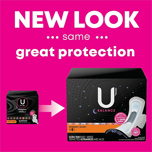U by Kotex Ultra Thin Overnight Pads With Wings - Absorbent, Odor-absorbing, Individually Wrapped, Anti-leak - 13/Box - 6 / Carton (54912CT)