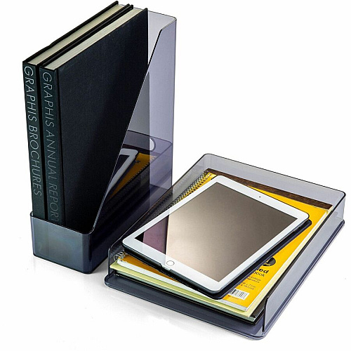 Officemate Recycled Letter Tray & File Desktop Set Desktop - Front Loading, Durable, Sturdy - Translucent Gray - Plastic - 1 Each (26115)