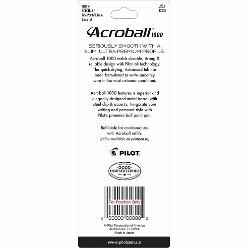 Acroball Ballpoint Pen 0.7 mm Fine Pen Point - Refillable - Retractable - Black Ink - Gel-based - Black Barrel - Tungsten Carbide Tip - 1 Each (13635)