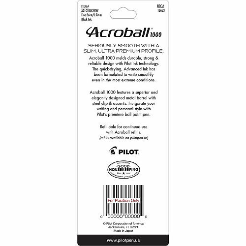 Acroball Ballpoint Pen 0.7 mm Fine Pen Point - Refillable - Retractable - Black Ink - Gel-based - Navy Metal Barrel - Tungsten Carbide Tip - 1 Each (13653)
