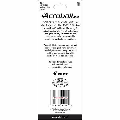 Acroball Ballpoint Pen 0.7 mm Fine Pen Point - Refillable - Retractable - Black Ink - Gel-based - Navy Metal Barrel - Tungsten Carbide Tip - 1 Each (13653)