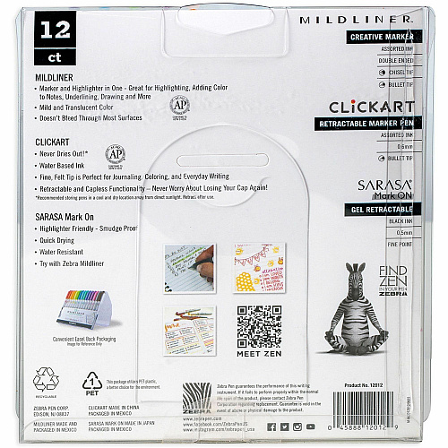 Zebra Creative Note Taking Set Fine Pen Point - Fine Marker Point - Chisel, Bullet Marker Point Style - Felt Tip - Assorted Gel-based Ink - Retractable - 12 / Pack (12012)