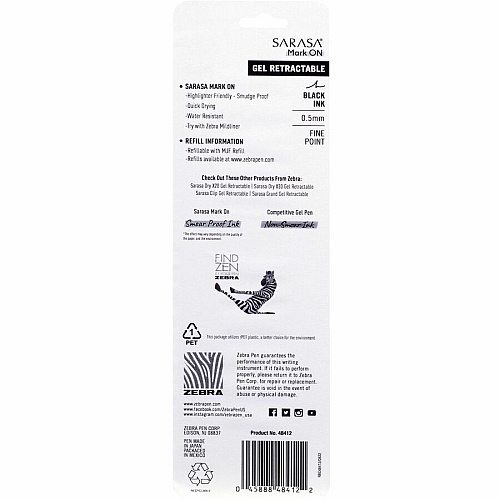 Zebra Pen SARASA Mark ON Gel Retractable Pens 12.7 mm Fine Pen Point - Retractable - Black Ink - Water Based - 2 / Pack (48412)