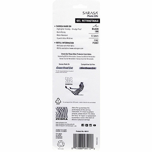 Zebra Pen SARASA Mark ON Gel Retractable Pens 12.7 mm Fine Pen Point - Retractable - Black Ink - Water Based - 2 / Pack (48412)