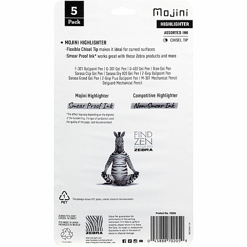 Zebra Pen Mojini Single Ended Highlighters 4 mm Chisel Marker Point - Water Based - 5 / Pack (70205)