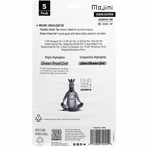 Zebra Pen Mojini Single Ended Highlighters 4 mm Chisel Marker Point - Water Based - 5 / Pack (70205)