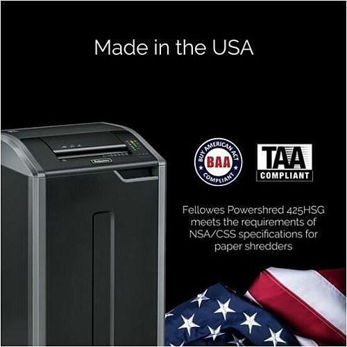 Fellowes Powershred 425HSG 100% Jam Proof BAA & TAA Compliant High Security Shredder Continuous Shredder - 8 Per Pass - for shredding Paper - P-7 - Black - TAA Compliant - 1 Carton (4251501)